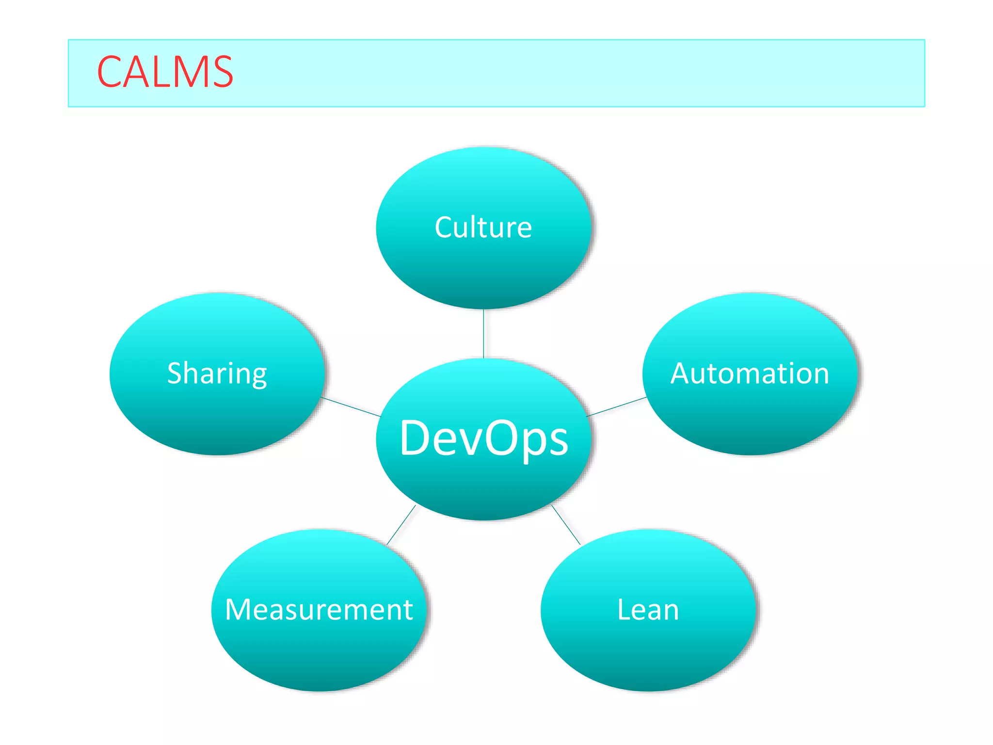 DevOps
Culture
Automation
Lean
Measurement
Sharing
CALMS
 
