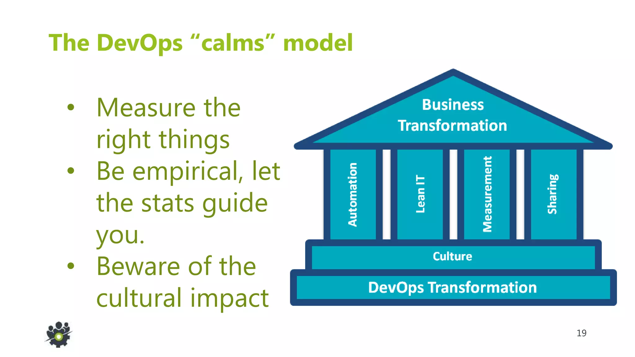 19
The DevOps “calms” model
• Measure the
right things
• Be empirical, let
the stats guide
you.
• Beware of the
cultural impact
 