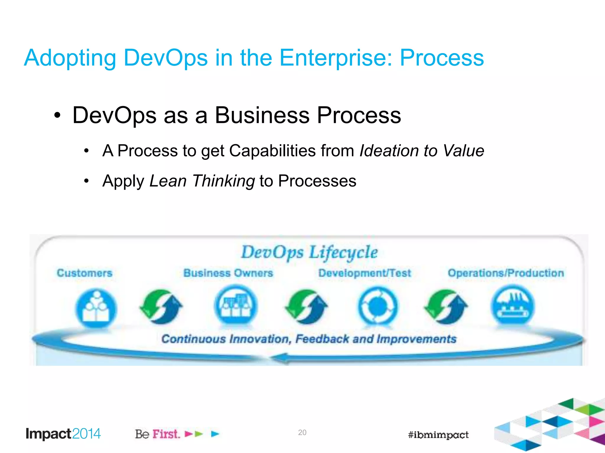 20
• DevOps as a Business Process
• A Process to get Capabilities from Ideation to Value
• Apply Lean Thinking to Processes
Adopting DevOps in the Enterprise: Process
 