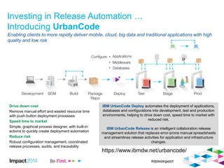 Investing in Release Automation …
Introducing UrbanCode
Drive down cost
Remove manual effort and wasted resource time
with push button deployment processes
Speed time to market
Simple, graphical process designer, with built-in
actions to quickly create deployment automation
Reduce risk
Robust configuration management, coordinated
release processes, audits, and traceability
Enabling clients to more rapidly deliver mobile, cloud, big data and traditional applications with high
quality and low risk
IBM UrbanCode Deploy automates the deployment of applications,
databases and configurations into development, test and production
environments, helping to drive down cost, speed time to market with
reduced risk.
IBM UrbanCode Release is an intelligent collaboration release
management solution that replaces error-prone manual spreadsheets
and streamlines release activities for application and infrastructure
changes.
https://www.ibmdw.net/urbancode/
 