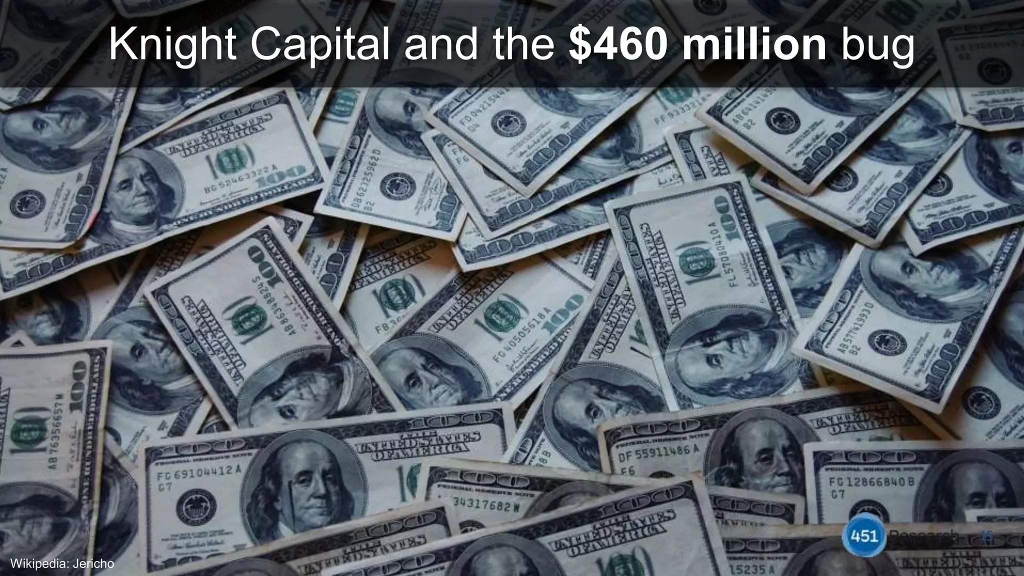 Knight Capital and the $460 million bug
15
Wikipedia: Jericho
 