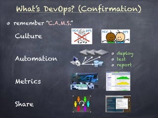 What’s DevOps? (Confirmation)
remember “C.A.M.S.”
Culture
DEV OPSOPSDEV
Automation
deploy
test
report
Metrics
Share
 