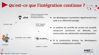 3
Qu'est-ce que l'intégration continue ?
© 2023-2024 – Module DevOps – Introduction
● Les développeurs soumettent régulièrement leur
code à un référentiel partagé.
● Le système de contrôle de version est surveillé.
Lorsqu'une soumission est détectée, une
construction sera déclenchée automatiquement.
● Si la construction échoue, les développeurs
seront immédiatement notifiés.
 