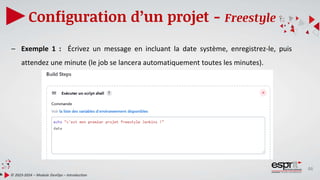 46
Configuration d’un projet - Freestyle
© 2023-2024 – Module DevOps – Introduction
– Exemple 1 : Écrivez un message en incluant la date système, enregistrez-le, puis
attendez une minute (le job se lancera automatiquement toutes les minutes).
 
