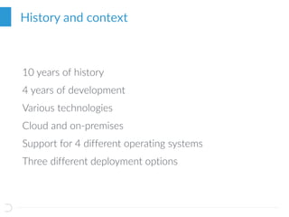 History and context
10 years of history
4 years of development
Various technologies
Cloud and on-premises
Support for 4 different operating systems
Three different deployment options
 