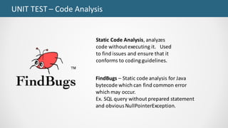 UNIT	TEST	– Code	Analysis
FindBugs – Static	code	analysis	for	Java	
bytecode which	can	find	common	error	
which	may	occur.	
Ex.	SQL	query	without	prepared	statement	
and	obvious	NullPointerException.
Static	Code	Analysis,	analyzes	
code	without	executing	it.			Used	
to	find	issues	and	ensure	that	it	
conforms	to	coding	guidelines.				
 