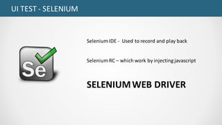 UI	TEST	- SELENIUM
Selenium	IDE	- Used	to	record	and	play	back
Selenium	RC	– which	work	by	injecting	javascript
SELENIUMWEB	DRIVER
 