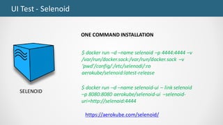 UI	Test	- Selenoid
ONE	COMMAND	INSTALLATION
$	docker run	–d	–name	selenoid –p	4444:4444	–v		
/var/run/docker.sock:/var/run/docker.sock –v	
‘pwd’/config/:/etc/selenodi/:ro
aerokube/selenoid:latest-release
$	docker run	–d	–name	selenoid-ui – link	selenoid
–p	8080:8080	aerokube/selenoid-ui –selenoid-
uri=http://selenoid:4444	
SELENOID
https://aerokube.com/selenoid/
 