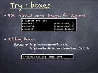 BOX : Virtual server images for Vagrant.
Try : boxes
$ vagrant box list
centos6.5 (virtualbox, 0)
centos7.0 (virtualbox, 0)
precise64 (vmware_fusion)
Adding boxes.
$ vagrant box add {NAME} {URL}
Boxes: http://www.vagrantbox.es/
https://atlas.hashicorp.com/boxes/search
:
 