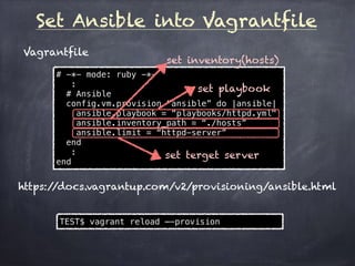 Set Ansible into Vagrantfile
Vagrantfile
# -*- mode: ruby -*-  
:
# Ansible  
config.vm.provision “ansible” do |ansible|
ansible.playbook = “playbooks/httpd.yml"
ansible.inventory_path = “./hosts”
ansible.limit = “httpd-server”
end
:
end
https://docs.vagrantup.com/v2/provisioning/ansible.html
set playbook
set inventory(hosts)
set terget server
TEST$ vagrant reload —-provision
 