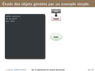 Étude des objets générés par un exemple simple.
mkdir project
cd project
git init
master
head
Index
J. Sopena (INRIA/UPMC) Git, un gestionnaire de versions décentralisé. 43 / 87
 