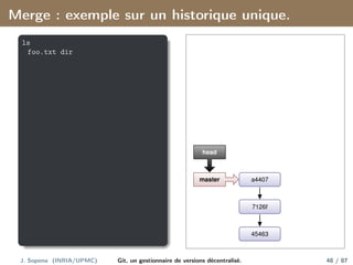 Merge : exemple sur un historique unique.
ls
foo.txt dir
45463
7126f
a4407
master
head
J. Sopena (INRIA/UPMC) Git, un gestionnaire de versions décentralisé. 48 / 87
 