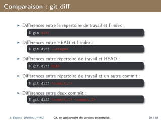 Comparaison : git diff
I Différences entre le répertoire de travail et l’index :
$ git diff
I Différences entre HEAD et l’index :
$ git diff --staged
I Différences entre répertoire de travail et HEAD :
$ git diff HEAD
I Différences entre répertoire de travail et un autre commit :
$ git diff <commit_1>
I Différences entre deux commit :
$ git diff <commit_1> <commit_2>
J. Sopena (INRIA/UPMC) Git, un gestionnaire de versions décentralisé. 60 / 87
 