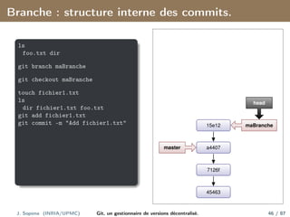 Branche : structure interne des commits.
ls
foo.txt dir
git branch maBranche
git checkout maBranche
touch fichier1.txt
ls
dir fichier1.txt foo.txt
git add fichier1.txt
git commit -m "Add fichier1.txt"
45463
7126f
a4407
15e12
master
maBranche
head
J. Sopena (INRIA/UPMC) Git, un gestionnaire de versions décentralisé. 46 / 87
 