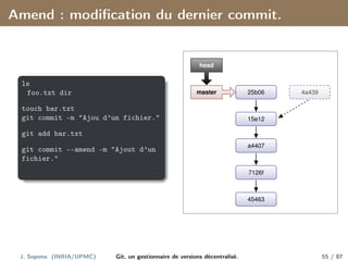Amend : modification du dernier commit.
ls
foo.txt dir
touch bar.txt
git commit -m "Ajou d’un fichier."
git add bar.txt
git commit --amend -m "Ajout d’un
fichier."
45463
7126f
a4407
15e12
4a439 4a439
25b06
master
head
J. Sopena (INRIA/UPMC) Git, un gestionnaire de versions décentralisé. 55 / 87
 