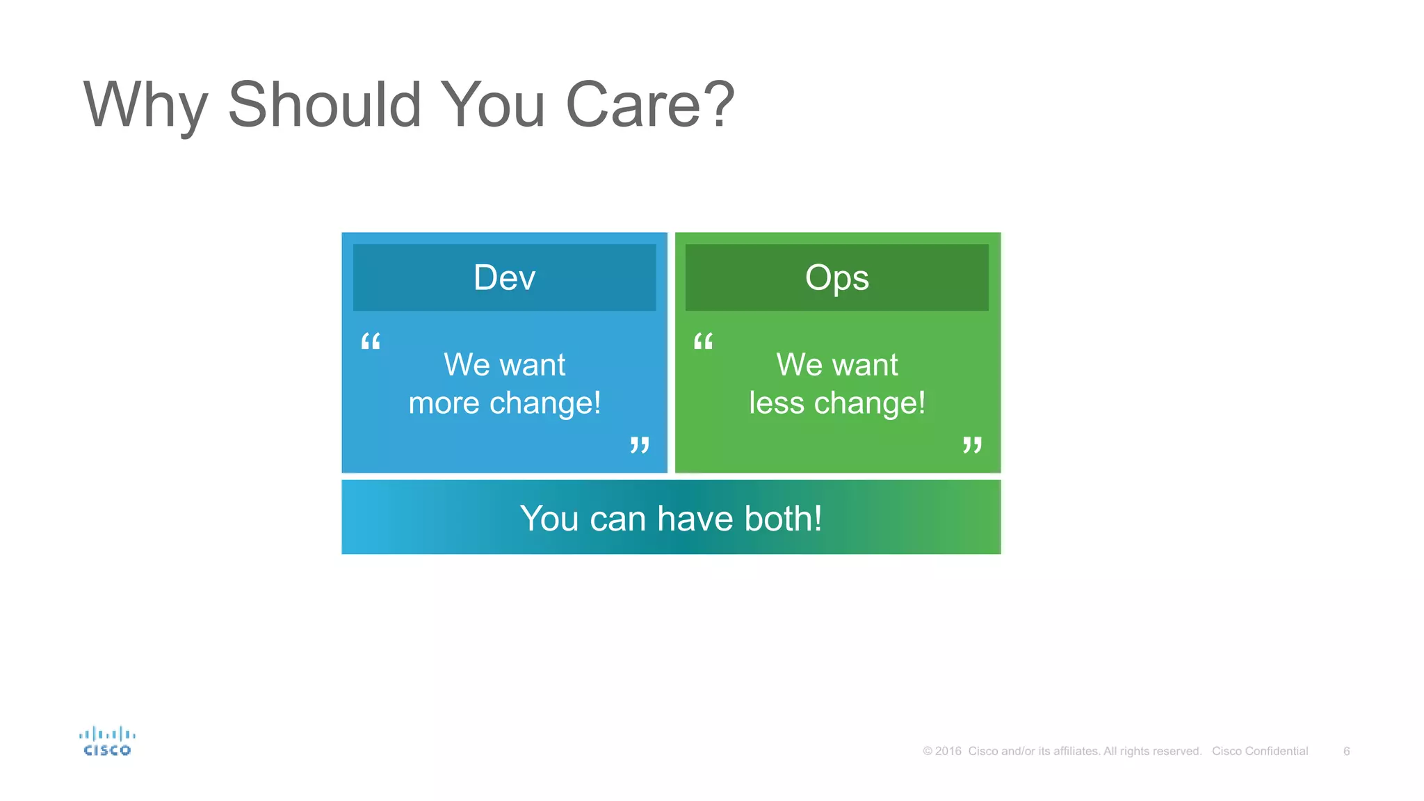 Why Should You Care? We want more change! Dev “ ” We want less change! Ops “ ” You can have both! 