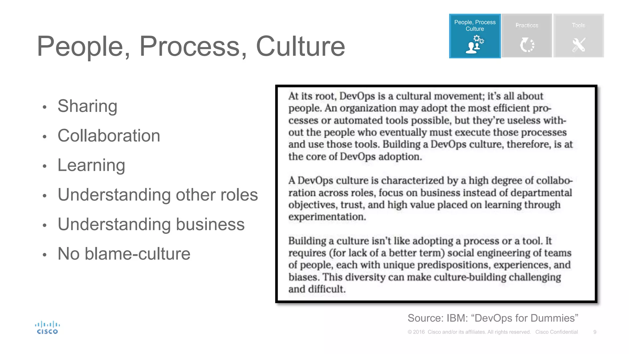 • Sharing • Collaboration • Learning • Understanding other roles • Understanding business • No blame-culture People, Process, Culture Source: IBM: “DevOps for Dummies” People, Process Culture 