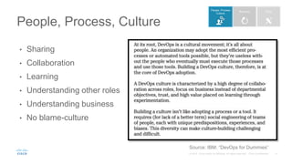 • Sharing
• Collaboration
• Learning
• Understanding other roles
• Understanding business
• No blame-culture
People, Process, Culture
Source: IBM: “DevOps for Dummies”
People, Process
Culture
 