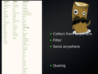 ● Collect from anywhereCollect from anywhere
● FilterFilter
● Send anywhereSend anywhere
● QueingQueing
 