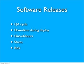 Software Releases

                      • QA cycle
                      • Downtime during deploy
                      • Out-of-hours
                      • Stress
                      • Risk

Monday, 30 April 12
 