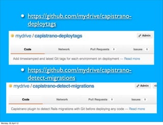 • https://github.com/mydrive/capistrano-
                        deploytags




                      • https://github.com/mydrive/capistrano-
                        detect-migrations




Monday, 30 April 12
 
