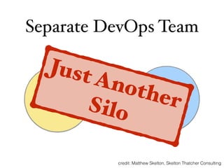 Separate DevOps Team
Dev OpsDevOps
JustAnotherSilo
credit: Matthew Skelton, Skelton Thatcher Consulting
 