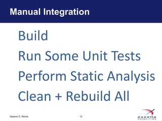 Manual Integration 
Build 
Run Some Unit Tests 
Perform Static Analysis 
Clean + Rebuild All 
Stephen D. Ritchie 
12 
 