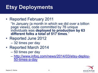 Etsy Deployments 
• Reported February 2011 
“In January (a month in which we did over a billion 
page views), code committed by 76 unique 
individuals was deployed to production by 63 
different folks a total of 517 times.” 
• Reported June 2012 
– 32 times per day 
• Reported March 2014 
– 50 times per day 
– http://www.infoq.com/news/2014/03/etsy-deploy- 
50-times-a-day 
Stephen D. Ritchie 
6 
 