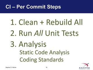 CI – Per Commit Steps 
1. Clean + Rebuild All 
2. Run All Unit Tests 
3. Analysis 
Stephen D. Ritchie 
Static Code Analysi...