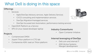Office of the CTO - Enterprise
What Dell is doing in this space
Offerings
• Services
• Agile/DevOps Advisory services; Agile Delivery Services
• CI/CD consulting and implementation services
• DevOps Migration/managed services
• DevOps focussed test Automation, performance testing services
• Red Hat’s OpenShift Platform as a Service
• XPS 13 Linux-based developer laptop
• Open Networking OS 10
Projects
• Flocker plugin created for Dell Storage
• Containerized OMSA
• Joyent Triton platform in CTO lab
• Containerize ASM, load on Triton platform
Industry Consortia
• Open Container Initiative
Internal leveraging of DevOps
• Dell.com and internal IT
• ASM (Active System Manager)
development
15
 