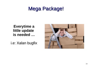 14
Mega Package!Mega Package!
Everytime a
little update
is needed …
i.e: Xalan bugfix
 