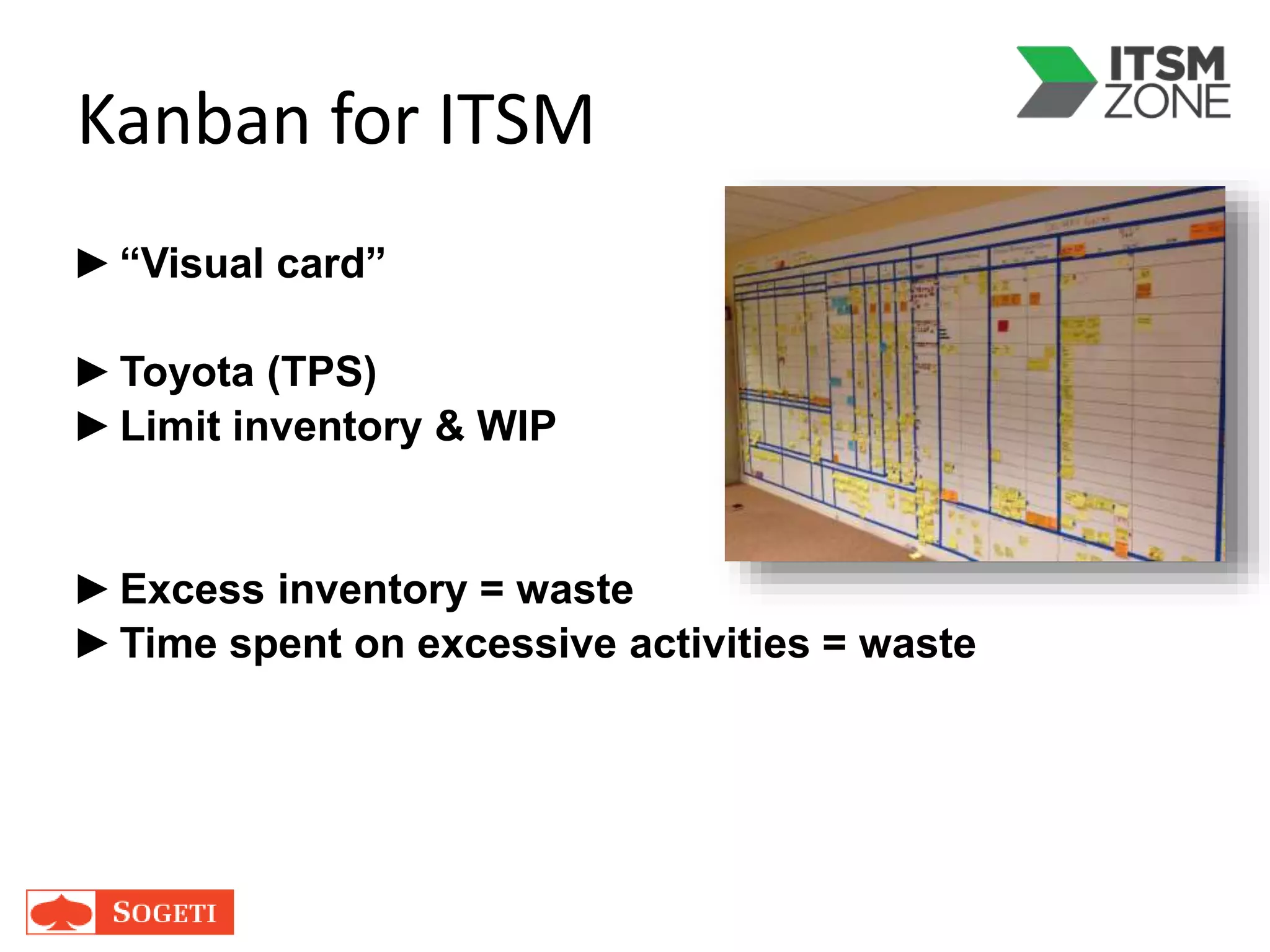 Kanban for ITSM
►“Visual card”
►Toyota (TPS)
►Limit inventory & WIP
►Excess inventory = waste
►Time spent on excessive activities = waste
 