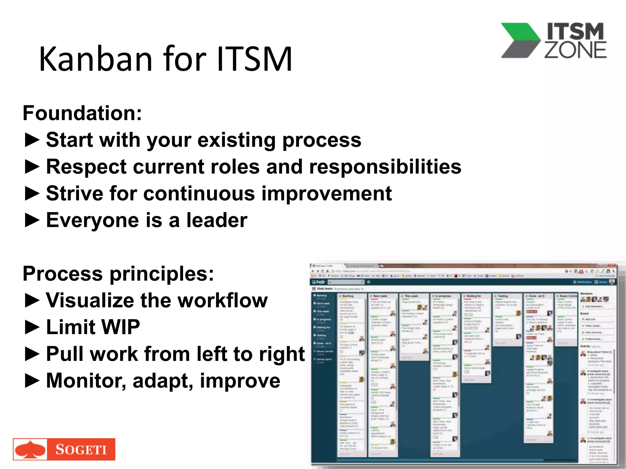 Kanban for ITSM
Foundation:
►Start with your existing process
►Respect current roles and responsibilities
►Strive for continuous improvement
►Everyone is a leader
Process principles:
►Visualize the workflow
►Limit WIP
►Pull work from left to right
►Monitor, adapt, improve
 