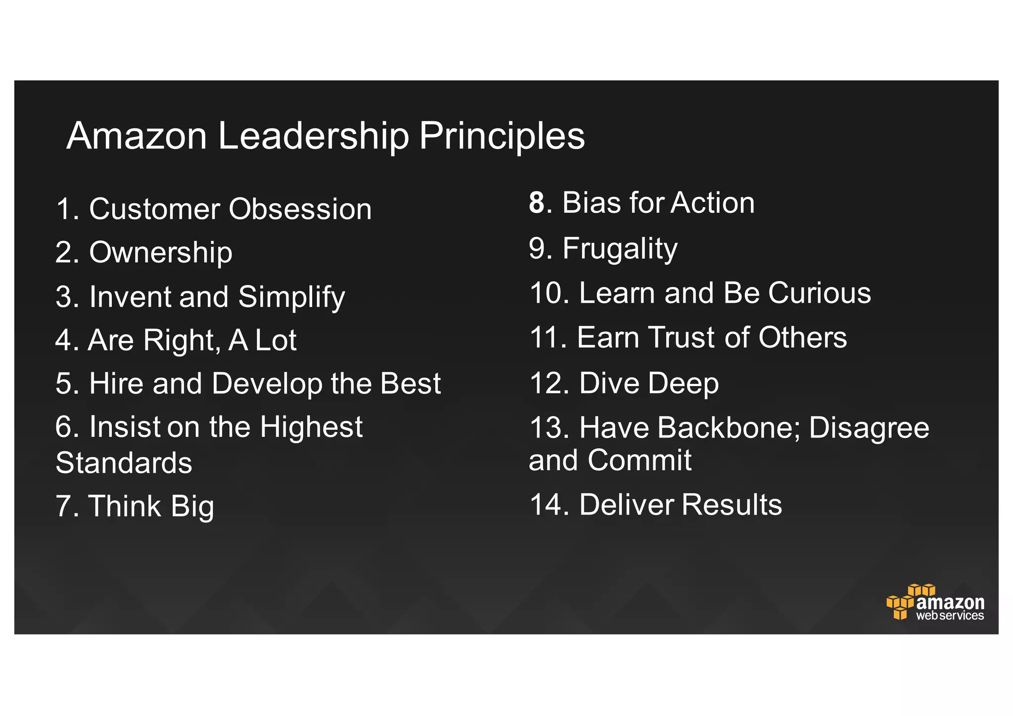 1. Customer  Obsession
2.  Ownership
3.  Invent  and  Simplify
4.  Are  Right,  A  Lot
5.  Hire  and  Develop  the  Best
6.  Insist  on  the  Highest  
Standards
7.  Think  Big
8.  Bias  for  Action
9.  Frugality
10.  Learn  and  Be  Curious
11.  Earn  Trust  of  Others
12.  Dive  Deep
13.  Have  Backbone;;  Disagree  
and  Commit
14.  Deliver  Results
Amazon  Leadership  Principles
 