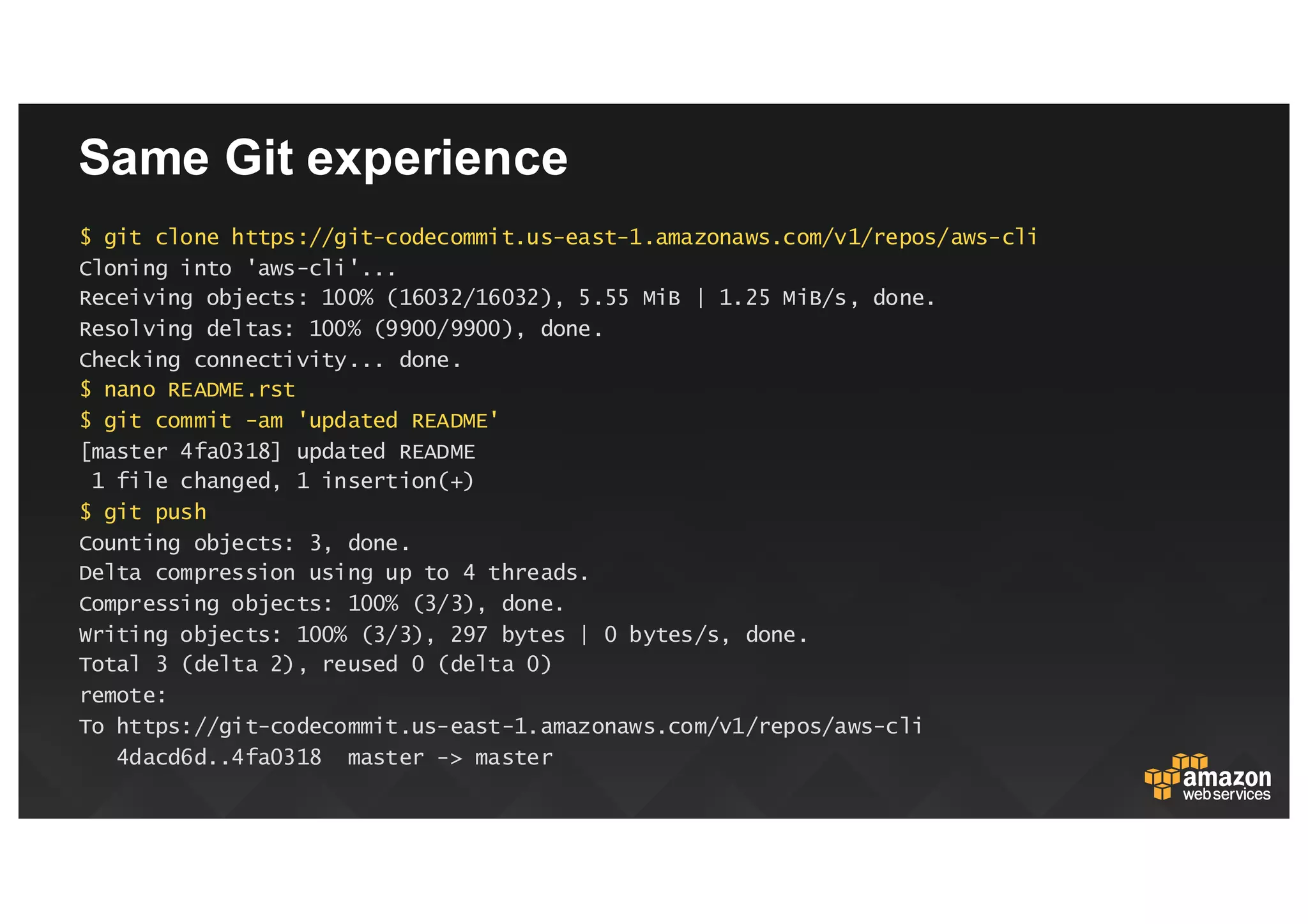 Same  Git experience
$ git clone https://git-codecommit.us-east-1.amazonaws.com/v1/repos/aws-cli
Cloning into 'aws-cli'...
Receiving objects: 100% (16032/16032), 5.55 MiB | 1.25 MiB/s, done.
Resolving deltas: 100% (9900/9900), done.
Checking connectivity... done.
$ nano README.rst
$ git commit -am 'updated README'
[master 4fa0318] updated README
1 file changed, 1 insertion(+)
$ git push
Counting objects: 3, done.
Delta compression using up to 4 threads.
Compressing objects: 100% (3/3), done.
Writing objects: 100% (3/3), 297 bytes | 0 bytes/s, done.
Total 3 (delta 2), reused 0 (delta 0)
remote:
To https://git-codecommit.us-east-1.amazonaws.com/v1/repos/aws-cli
4dacd6d..4fa0318 master -> master
 