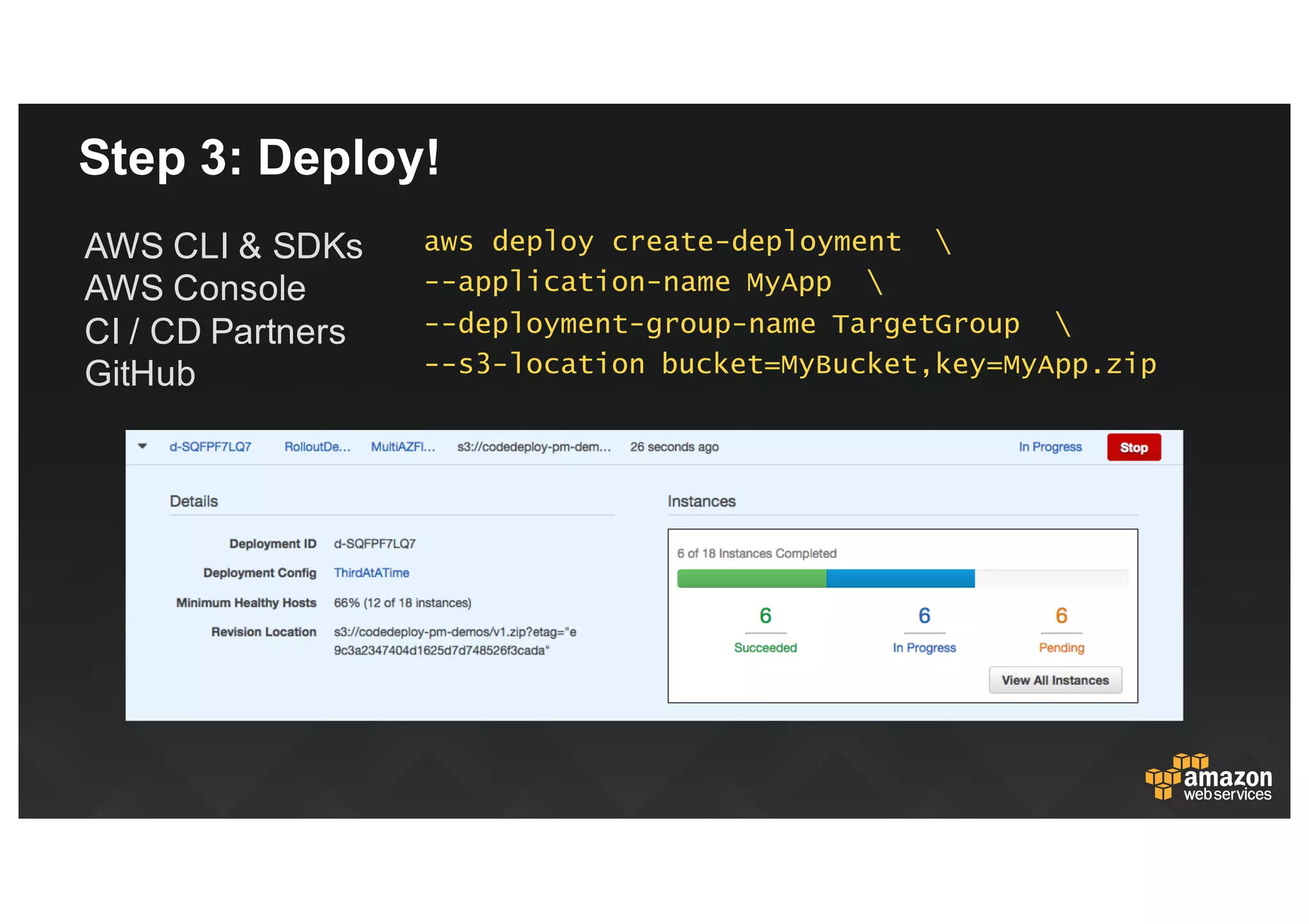 Step  3:  Deploy!
aws deploy create-deployment 
--application-name MyApp 
--deployment-group-name TargetGroup 
--s3-location bucket=MyBucket,key=MyApp.zip
AWS  CLI  &  SDKs
AWS  Console
CI  /  CD  Partners
GitHub
 