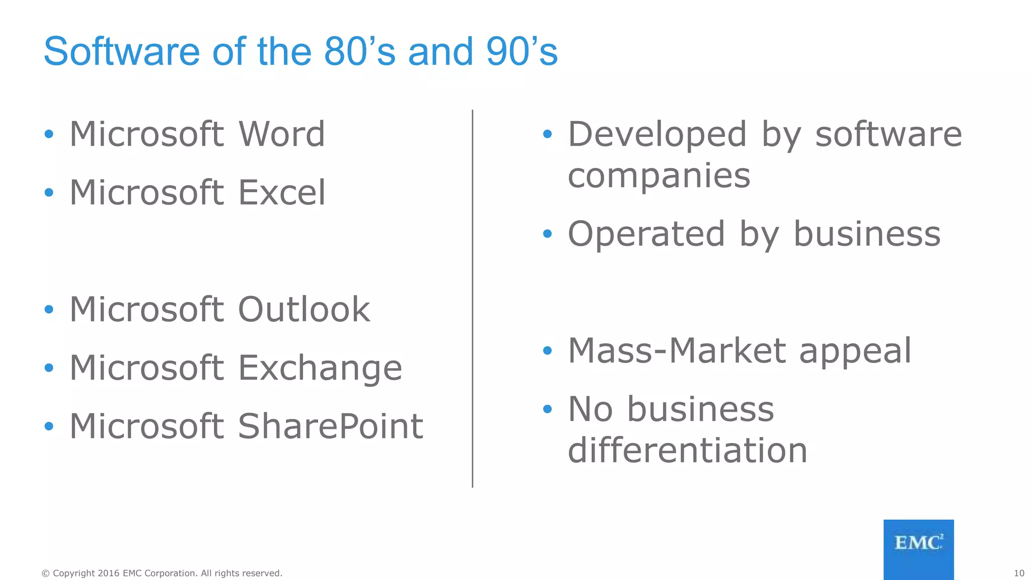10© Copyright 2016 EMC Corporation. All rights reserved.
• Microsoft Word
• Microsoft Excel
• Microsoft Outlook
• Microsoft Exchange
• Microsoft SharePoint
• Developed by software
companies
• Operated by business
• Mass-Market appeal
• No business
differentiation
Software of the 80’s and 90’s
 