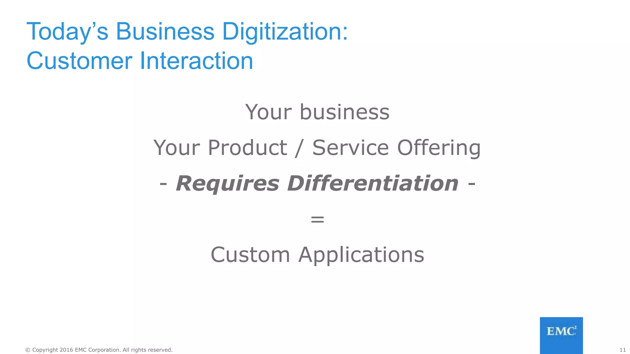 11© Copyright 2016 EMC Corporation. All rights reserved.
Your business
Your Product / Service Offering
- Requires Differentiation -
=
Custom Applications
Today’s Business Digitization:
Customer Interaction
 