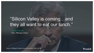 Source: JPMorgan Chase Annual Shareholder Letter (2015)
“Silicon Valley is coming…and
they all want to eat our lunch.”
- Jamie Dimon
CEO, JPMorgan Chase
 
