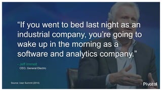 Source: User Summit (2014)
“If you went to bed last night as an
industrial company, you’re going to
wake up in the morning as a
software and analytics company.”
- Jeff Immelt
CEO, General Electric
 
