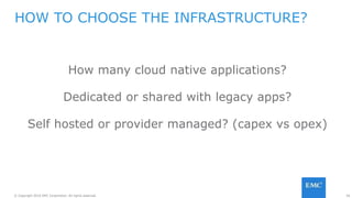 26© Copyright 2016 EMC Corporation. All rights reserved.
How many cloud native applications?
Dedicated or shared with legacy apps?
Self hosted or provider managed? (capex vs opex)
HOW TO CHOOSE THE INFRASTRUCTURE?
 