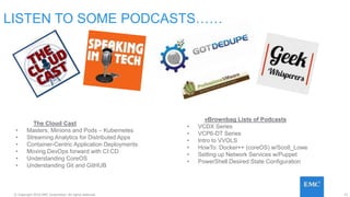 31© Copyright 2016 EMC Corporation. All rights reserved.
LISTEN TO SOME PODCASTS……
vBrownbag Lists of Podcasts
• VCDX Series
• VCP6-DT Series
• Intro to VVOLS
• HowTo: Docker++ (coreOS) w/Scott_Lowe
• Setting up Network Services w/Puppet
• PowerShell Desired State Configuration
The Cloud Cast
• Masters, Minions and Pods – Kubernetes
• Streaming Analytics for Distributed Apps
• Container-Centric Application Deployments
• Moving DevOps forward with CI:CD
• Understanding CoreOS
• Understanding Git and GitHUB
 