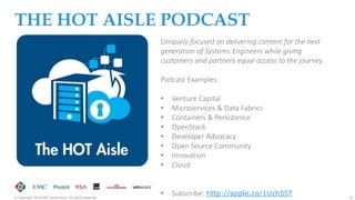 32© Copyright 2016 EMC Corporation. All rights reserved.
3
THE HOT AISLE PODCAST
Uniquely focused on delivering content for the next
generation of Systems Engineers while giving
customers and partners equal access to the journey.
Podcast Examples:
• Venture Capital
• Microservices & Data Fabrics
• Containers & Persistence
• OpenStack
• Developer Advocacy
• Open Source Community
• Innovation
• Cloud
• Subscribe: http://apple.co/1Uch55T
 