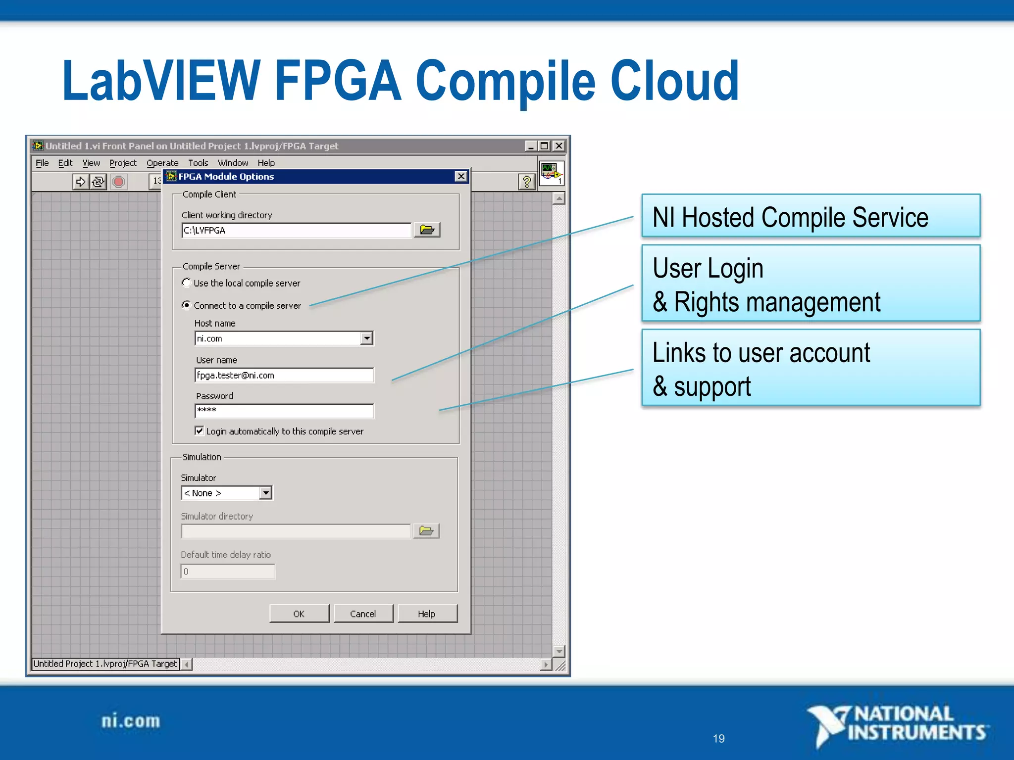LabVIEW FPGA Compile Cloud

                      NI Hosted Compile Service
                      User Login
                      &amp; Rights management
                      Links to user account
                      &amp; support




                           19
 