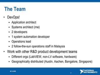 The Team
• DevOps!
    Application architect
    Systems architect (me)
    2 developers
    1 system automation developer
    Operations lead
    2 follow-the-sun operations staff in Malaysia

• Work with other R&D product development teams
    Different orgs (LabVIEW, non-LV software, hardware)
    Geographically distributed (Austin, Aachen, Bangalore, Singapore)


                                                     24
 