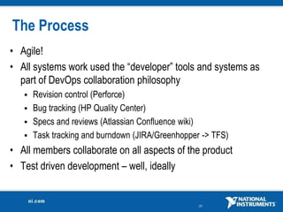 The Process
• Agile!
• All systems work used the “developer” tools and systems as
  part of DevOps collaboration philosophy
    Revision control (Perforce)
    Bug tracking (HP Quality Center)
    Specs and reviews (Atlassian Confluence wiki)
    Task tracking and burndown (JIRA/Greenhopper -> TFS)

• All members collaborate on all aspects of the product
• Test driven development – well, ideally


                                                 25
 