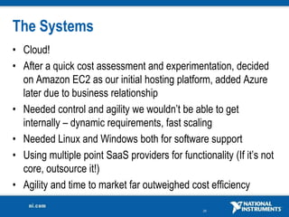 The Systems
• Cloud!
• After a quick cost assessment and experimentation, decided
  on Amazon EC2 as our initial hosting platform, added Azure
  later due to business relationship
• Needed control and agility we wouldn’t be able to get
  internally – dynamic requirements, fast scaling
• Needed Linux and Windows both for software support
• Using multiple point SaaS providers for functionality (If it’s not
  core, outsource it!)
• Agility and time to market far outweighed cost efficiency

                                                 26
 
