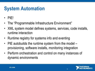System Automation
• PIE!
• The “Programmable Infrastructure Environment”
• XML system model defines systems, services, code installs,
  runtime interaction
• Runtime registry for systems info and eventing
• PIE autobuilds the runtime system from the model –
  provisioning, software installs, monitoring integration
• Perform orchestration and control on many instances of
  dynamic environments

                                            30
 
