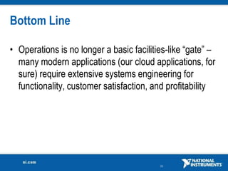 Bottom Line

• Operations is no longer a basic facilities-like “gate” –
  many modern applications (our cloud applications, for
  sure) require extensive systems engineering for
  functionality, customer satisfaction, and profitability




                                          33
 