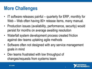 More Challenges
• IT software releases painful – quarterly for ERP, monthly for
  Web – Web often having 80+ release items, many manual.
• Production issues (availability, performance, security) would
  persist for months on average awaiting resolution
• Waterfall system development process created friction
  against dev teams uptaking agile methods
• Software often not designed with any service management
  goals in mind
• Dev teams frustrated with low throughput of
  changes/requests from systems team

                                               8
 